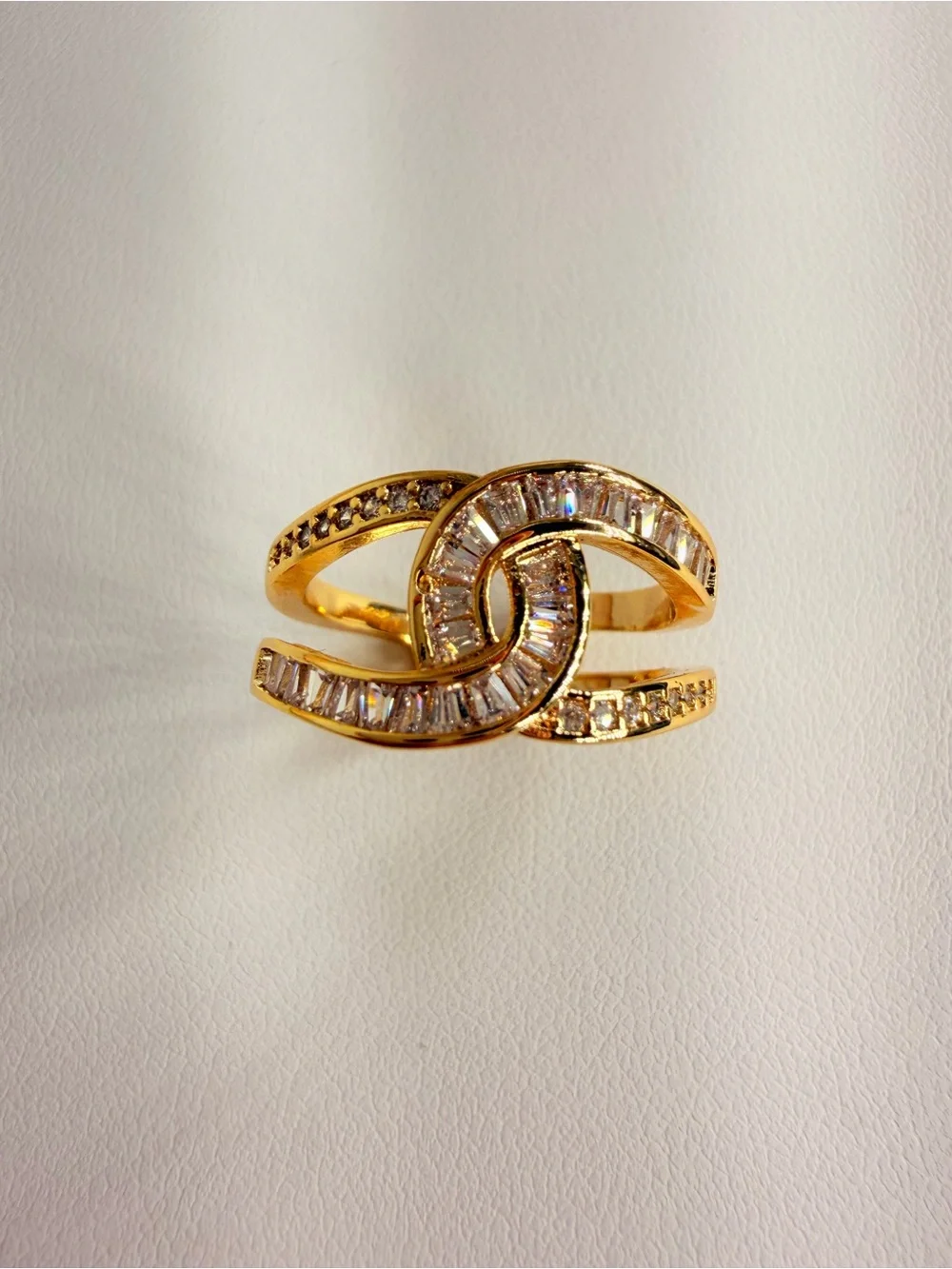 Gold-Tone Pink Baguette Crystal Wave Ring